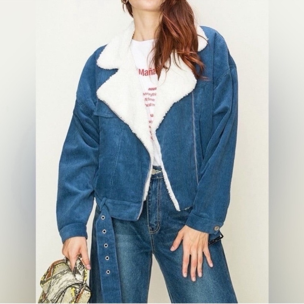 Women's Blue Corduroy Jacket with White Sherpa Lining